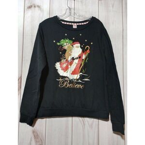 Christmas Sweatshirt‎ Ladies Large Black Believe Santa Holiday Time